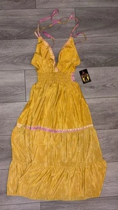 Jungle Billee Neckholder Kleid Sommerkleid senfgelb bedruckte Akzente neu mit Etikett  - Bild 1 von 9