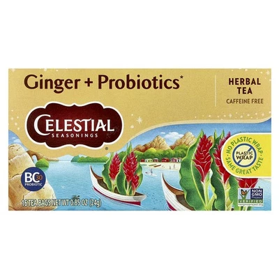 Té de hierbas, jengibre + probióticos, sin cafeína, 16 bolsitas de té, 0,85 oz (24 g) Foto 1 de 3
