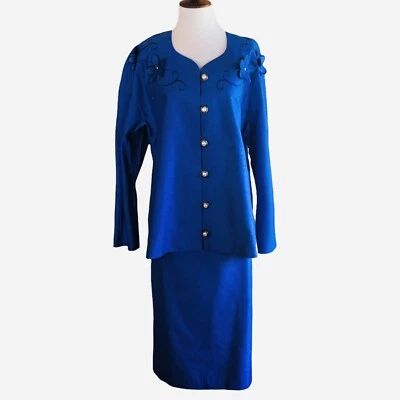 Traje Falda Joven Eduardiana Vintage Mujer 16 Azul Real Floral Apliques Perlas Foto 1 de 4