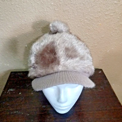 Women Faux Fur Hat Cap Knit Pompom & Visor OSFM  Brownish 3799 - Image 1 of 4