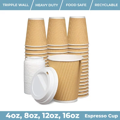 WE CAN SOURCE IT LTD 4/8/12/16oz Insulated Ripple Disposable Cup Paper Coffee Brown Cups / White Lids