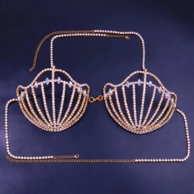 Shell Bra Chain Bikini Sexy Crystal Body Chain Bra Harness Lingerie Jewelry - Image 1 of 4