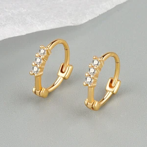 Gold Plated 925 Sterling Silver 3 CZ Gemstone Hoop Circle Huggie Earrings Gift - Picture 1 of 7