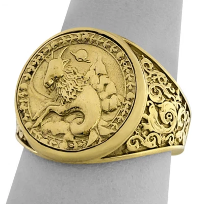 Real 14K Yellow Gold Capricorn Ring, Zodiac Sign Mens Gold Coin Astrology Ring - Image 1 of 4