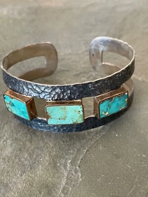 Bora绿松石纯银手链带青铜边框 — 第 1/4 张图片