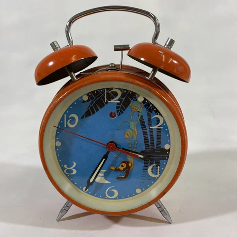Vintage Retro 60s Orange Metal Twin Bells Novelty Animated Monkey Alarm Clock 7” Cover