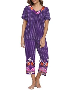 Women's Capri Pajama Set Short Sleeve Top and Pants 2 Piece Sleepwear Floral ... - Picture 1 of 6