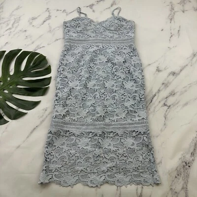 Bardot Womens Lace Midi Dress Size 10 L Pastel Light Blue Sheer Trim Sheath - Image 1 of 4
