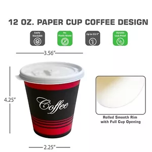 250 Stück - 12 Unzen Einweg Poly Papier Heißer Tee Kaffee Tassen mit flachen weißen Deckeln - Bild 1 von 7