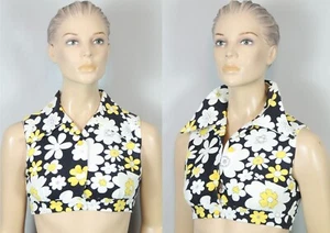 Vtg RETRO 70s Floral Button-Down Cropped Sleeveless Butterfly Collar Top Shirt S - Picture 1 of 9
