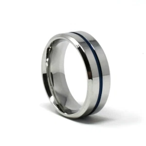 Titanium Silver Blue 8 mm Wide Durable Men's Wedding Band Size 12 - Picture 1 of 3