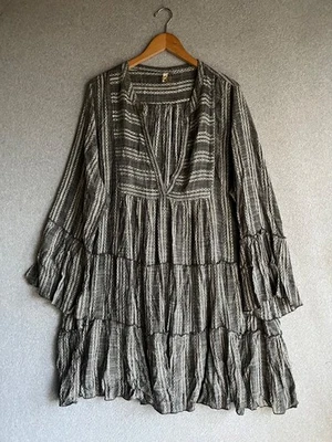 Vestido Elan Para Mujer 3X Rayas Bordado Gris Manga Campana Campesino Boho Niveles Foto 1 de 4