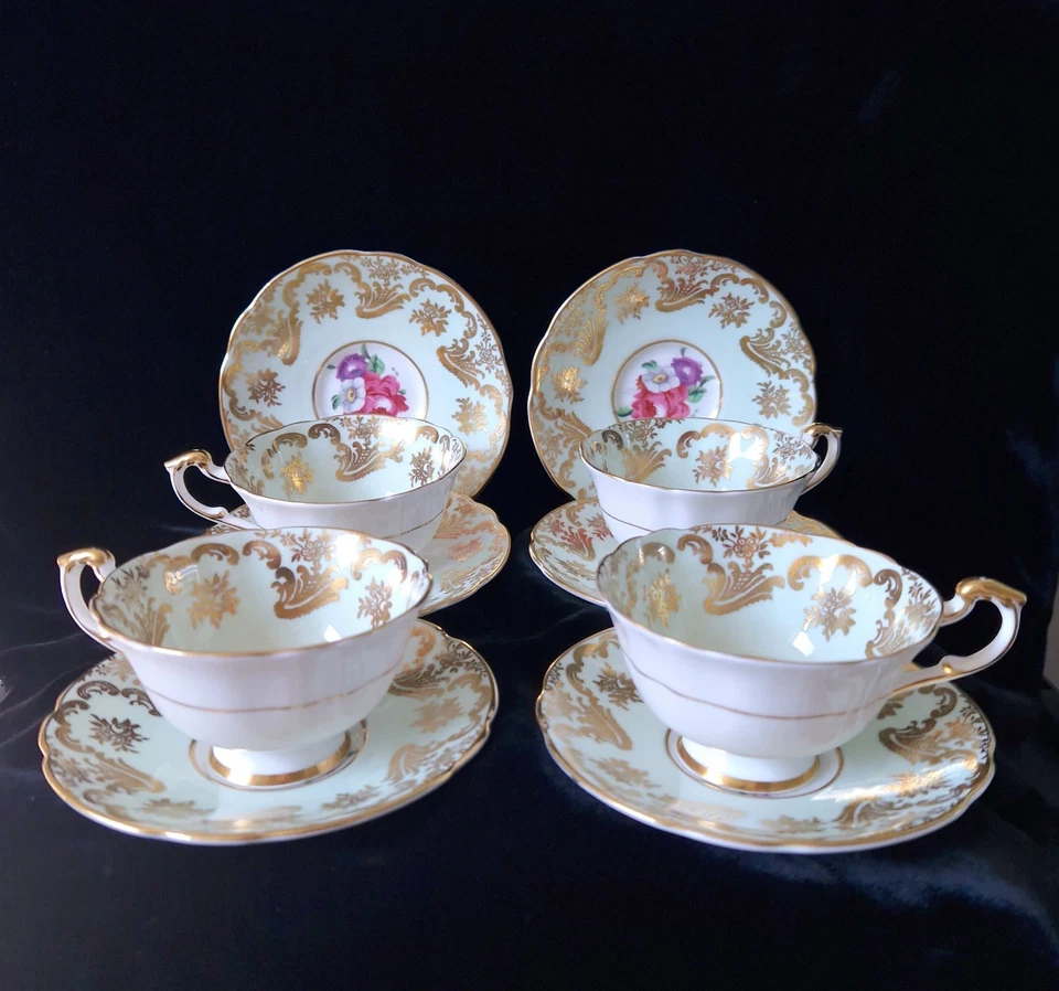 Paragon Double Warrant Mint Green Floating Cabbage Rose Tea Cup & Saucers x4  - Image 1 of 4