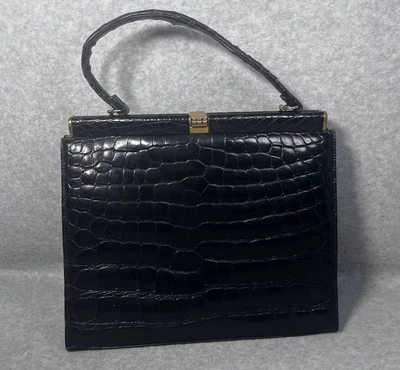 Vintage Crocodile Embossed Leather Top Handle Bag Womens Purse 60s Retro USA - Image 1 of 4