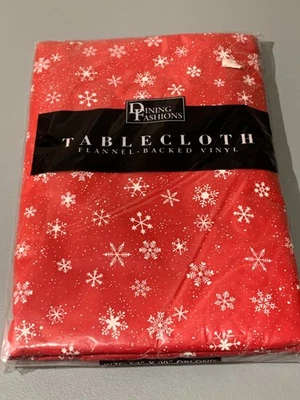 Dining Fashions Flannel Tablecloth Vinyl Back Snowflakes Winter Red NWT - Image 1 of 3