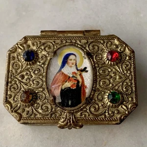 Antique Brass Rosary Holder Box St. Therese Of Lisieux Jeweled - Picture 1 of 12