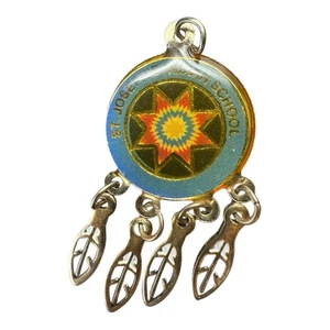 Vintage St. Joseph's Indian School Pendant - Blue Enamel with Feather Charms - Picture 1 of 3