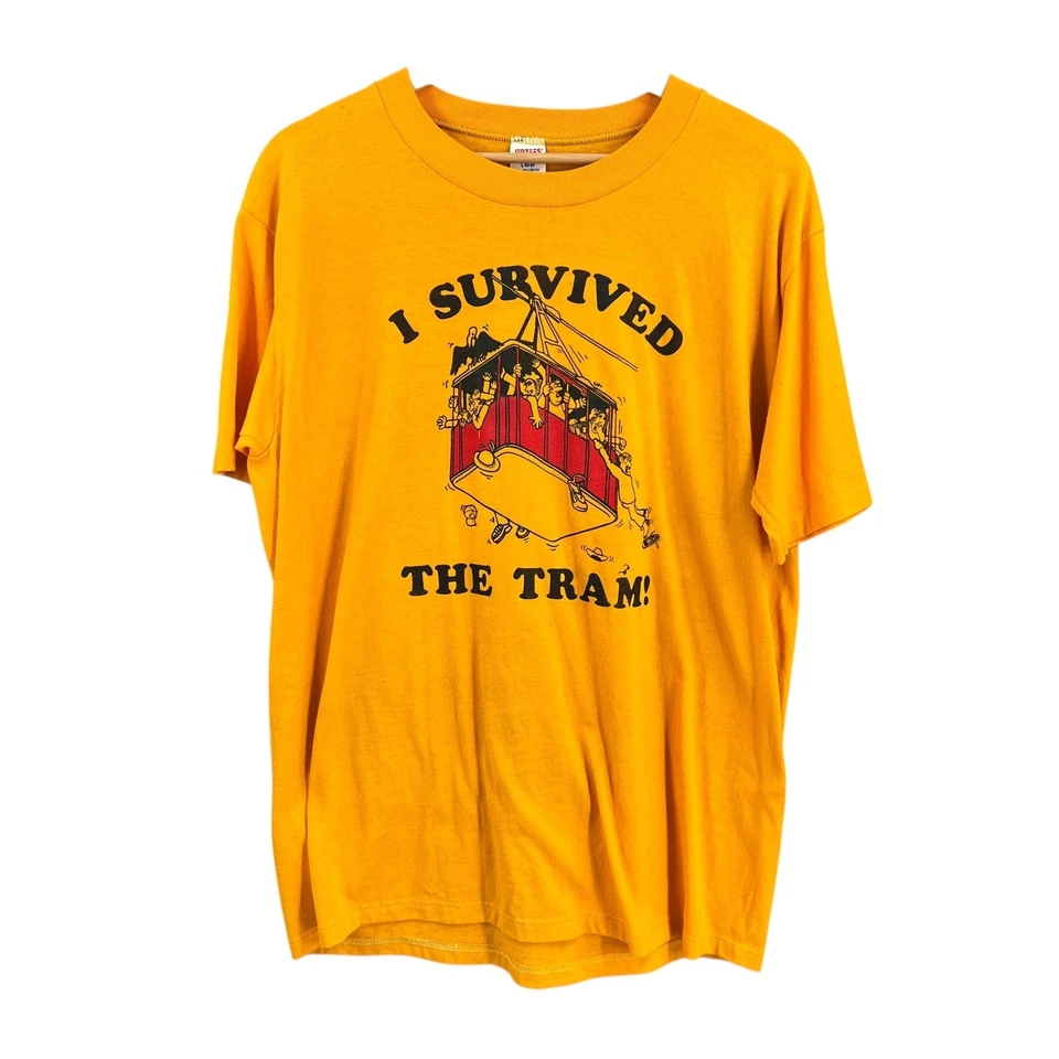 Jerzees Vintage Yellow I Survived The Tram Graphic Tee Shirt Made USA Mens Large - Image 1 of 4