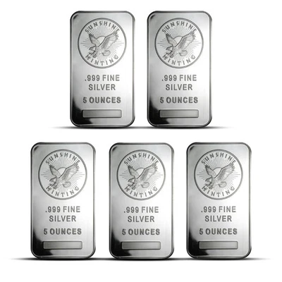 Barra de plata Sunshine Mint de 5 oz - Lote de 5 Foto 1 de 3