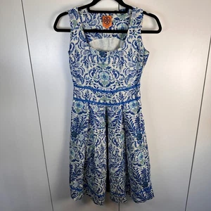 Tory Burch Womens 0 Silk Linen Blend Blue Floral Print Fit & Flare Dress Luxury - Picture 1 of 9