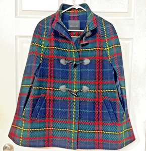 Talbots Green Red Blue Yellow Tartan Plaid Cape Wool Blend Zip With Toggles SM - Picture 1 of 4