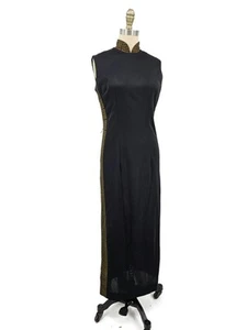 Vtg Alfred Shaheen Black Gold Cheongsam Dress Womens 10 Asian Inspired Slit - Picture 1 of 10
