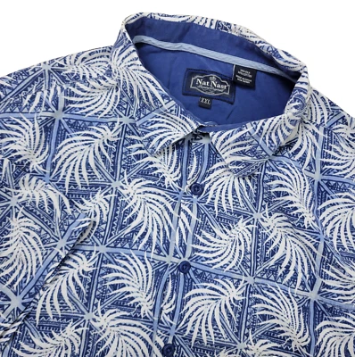 Nat Nast Luxury Originals Mens 2XL Blue White Floral Hawaiian Button Up Silk - Image 1 of 4