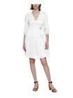 CALVIN KLEIN Womens White Tie Faux-wrap Styling 3/4 Sleeve A-Line Dress 8