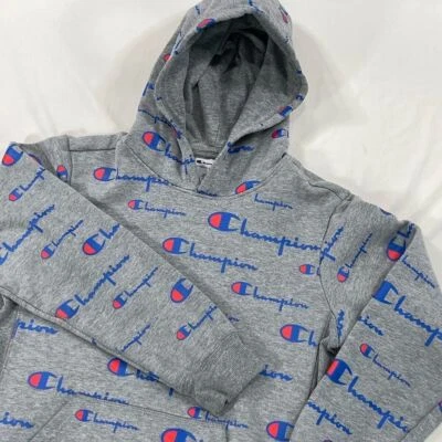 Champion Sudadera con Capucha Adolescente Talla Grande Gris Estampado Completo Manga Larga Pullover Logo Foto 1 de 4
