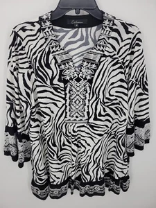 Calessa Top Damen Medium schwarz weiß abstrakt bestickt Tunika künstlerische Bluse - Bild 1 von 7