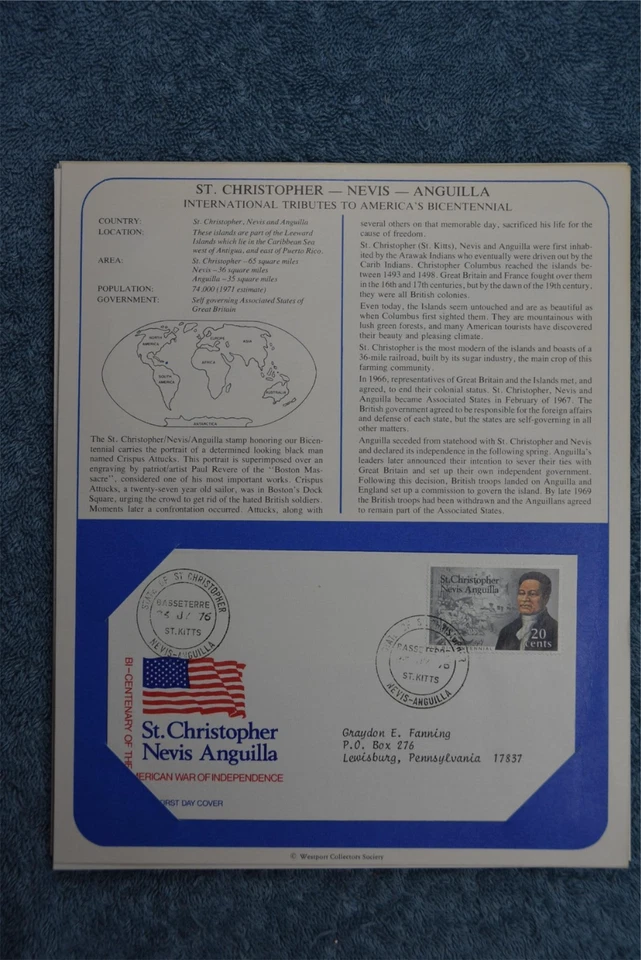 1975 Tributes to America's Bicentennial Souvenir Card - St. Christopher, Nevis - Image 1 of 1