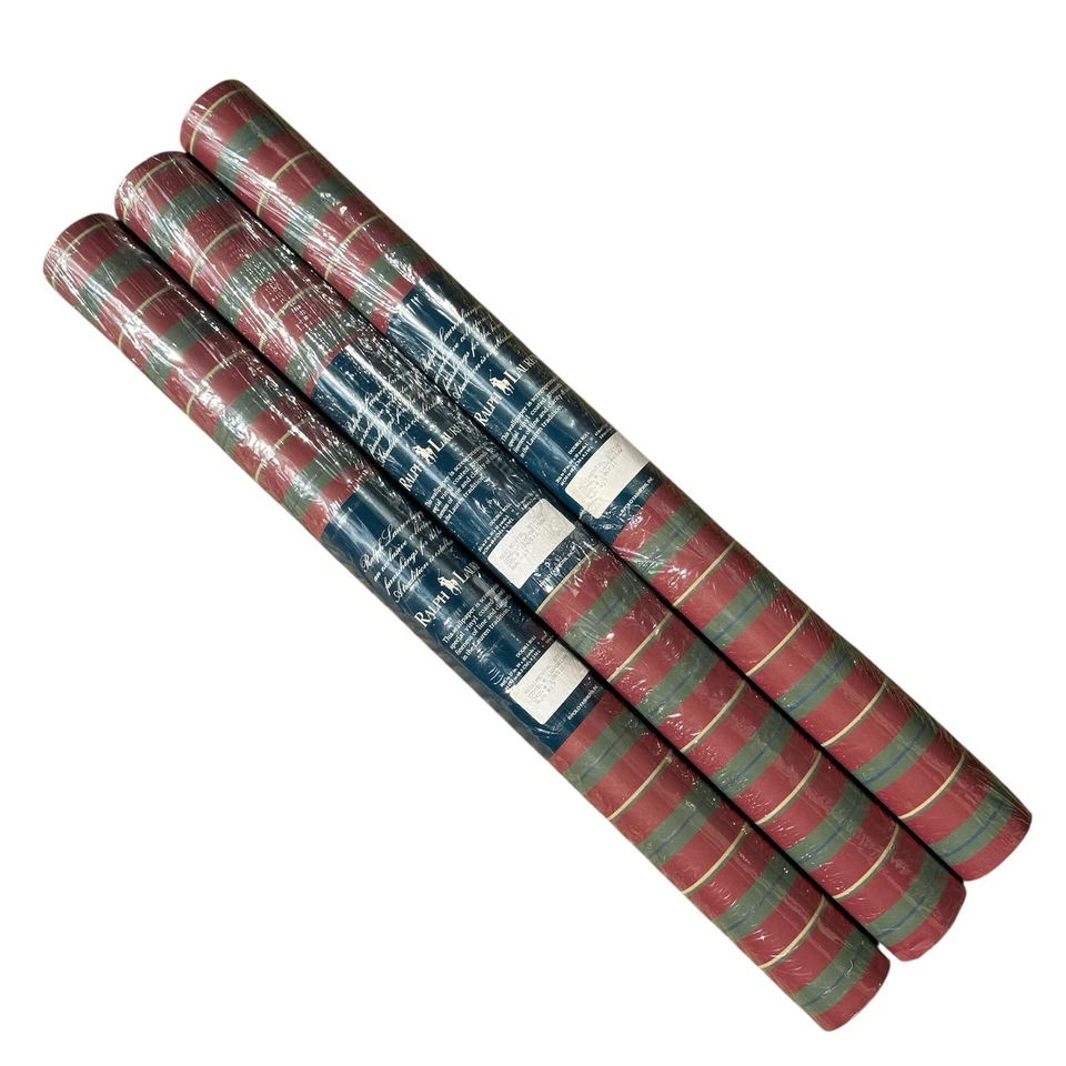 VTG Ralph Lauren Wallpaper 3 Double Rolls Regimental Stripes Red LWPO0150W - NEW - Image 1 of 4