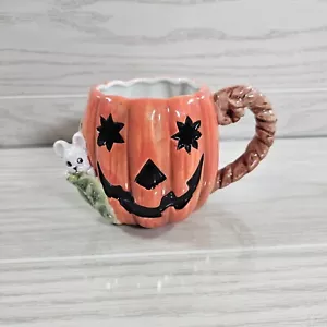OCI 1989 Fitz Floyd Orange Ceramic Pumpkin Mouse Jack-o-lantern Patch Mug Taiwan - Picture 1 of 7