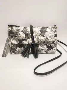 Sondra Roberts Crossbody Bag Clutch Floral Rose Vegan Leather Black White NWT - Picture 1 of 8