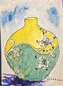 Yellow and Green Vase - Original art ACEO watercolor miniature painting