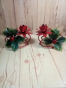 Vintage Metal Coil Poinsettia Taper Candle Stick Holders With Holly & Pine Picks - Picture 1 of 10