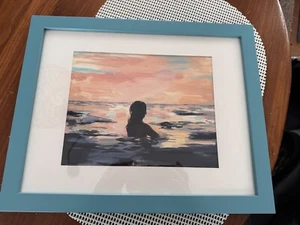 FRAMED AT SUNSET giclee art print Girl Swimming Ocean Beach 12” X 15 1/2” - Picture 1 of 3