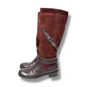 Jimmy Choo DARLA Riding Boots Tall Knee Buckles Flat Brown Leather Suede Size 38 - Picture 1 of 11