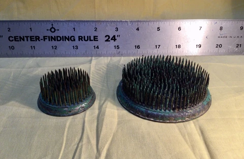 Vintage Dazey No 73 Needle Sharp Metal Flower Frogs SET OF 2, Antique Cover
