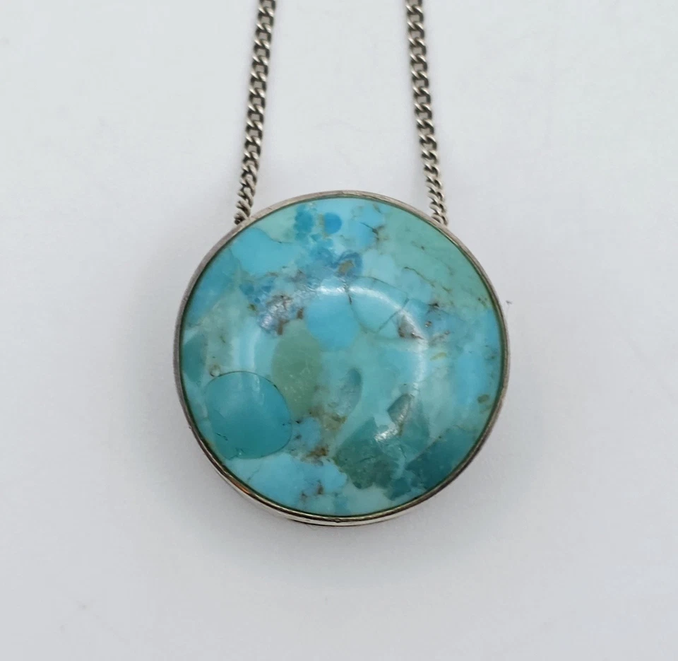 Vintage Double Sided Turquoise Calsilica Sterling Silver Pendant Necklace Native - Image 1 of 4