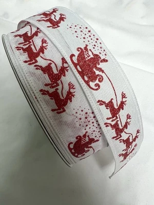10 Yards 1.5 Inch Wired Winter Christmas Red White Sparkly Santa Sleigh Ribbon - Image 1 of 2