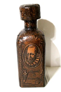 Genuine Spanish Leather Brown Amber Glass Decanter 1960s Miguel De Cervantes Vtg - Picture 1 of 14