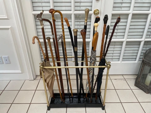 ANTIQUE ENGLISH BRASS UMBRELLA & STICK STAND WITH CAST IRON BASE & DRIP TRAY Cover