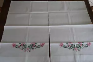 2 Vintage Utica Floral Hand-Embroidered Pillowcases Set Pair - Picture 1 of 5