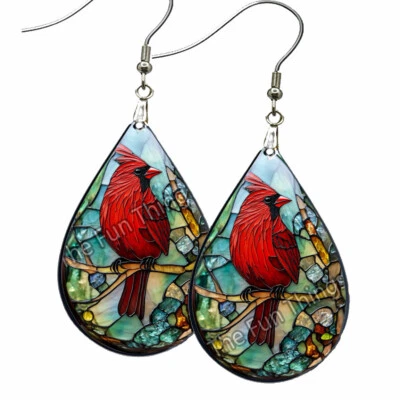 Pendientes Cardenales Rojos Impresión Arte Vitral Imitación Lágrima SIN DESLUSTRAR Madera Foto 1 de 4
