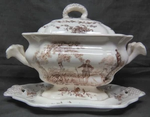 Masons Brown Watteau Sauce Boat w/ Lid & Underplate AS IS - Picture 1 of 9