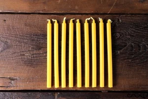 Set 9 Thin Short Yellow Small Candles Dinner Table 13cm 8mm Wide Bistro Slim - Picture 1 of 10