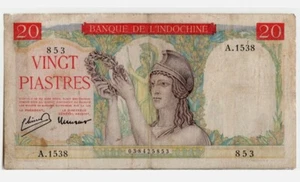 Scarce Rare Genuine Vintage 1949 French Indo-China 20 Piastres Banknote VF+ Cond - Picture 1 of 2