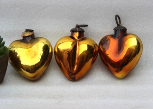 3Pc Vintage Look Gold Heart Shape 4'' Glass Kugel Christmas Ornaments Heavy - Picture 1 of 12