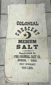 VINTAGE COLONIAL CRESCENT MEDIUM SALT 100lbS CLOTH SACK AKRON OHIO (18D) - Picture 1 of 4